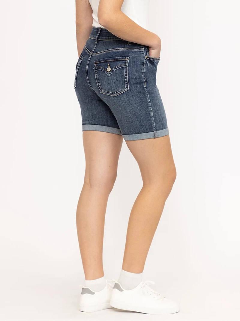 Women's 2 Button Medium Dark Wash Mid Rise Bermuda Short