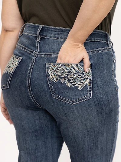 Women's Plus Medium Dark Wash Geo Embroidered Straight Jeans