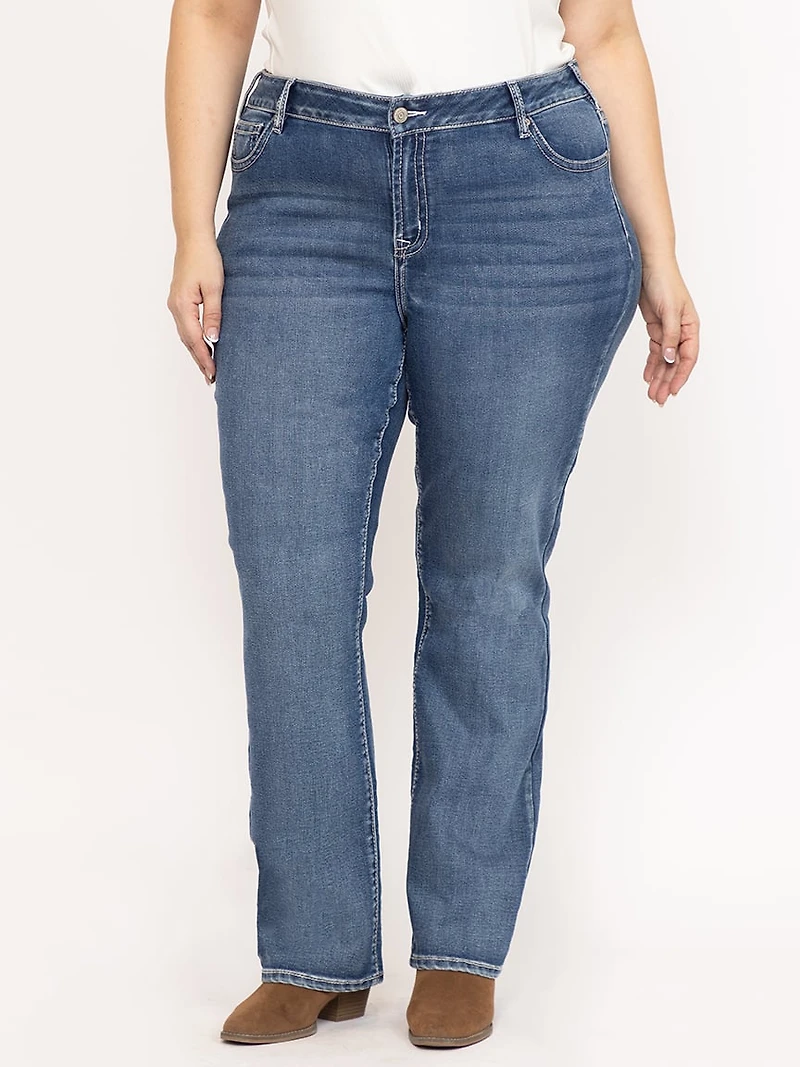 Women's Plus Medium Wash Embroidered Baby Boot Jeans