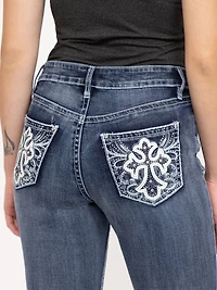 Women's Medium Dark Wash Cross Embellished Straight Leg Jeans