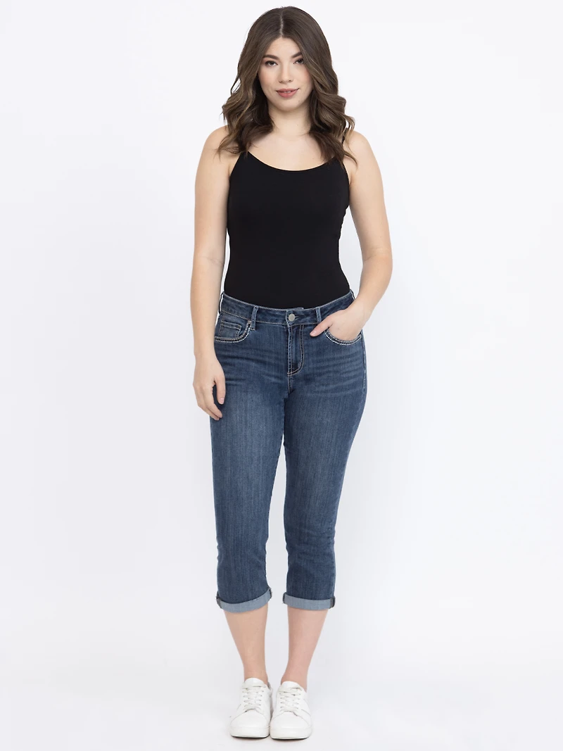 Women's Contrast Multi Thread Medium Dark Wash Jean Capri
