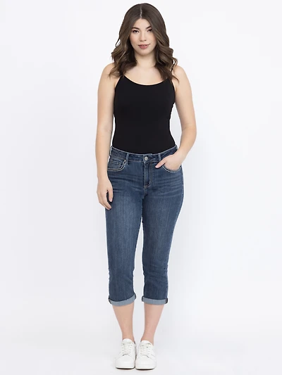 Women's Contrast Multi Thread Medium Dark Wash Jean Capri