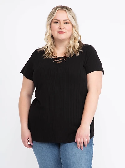 Women's Ribbed Lace Up Tee