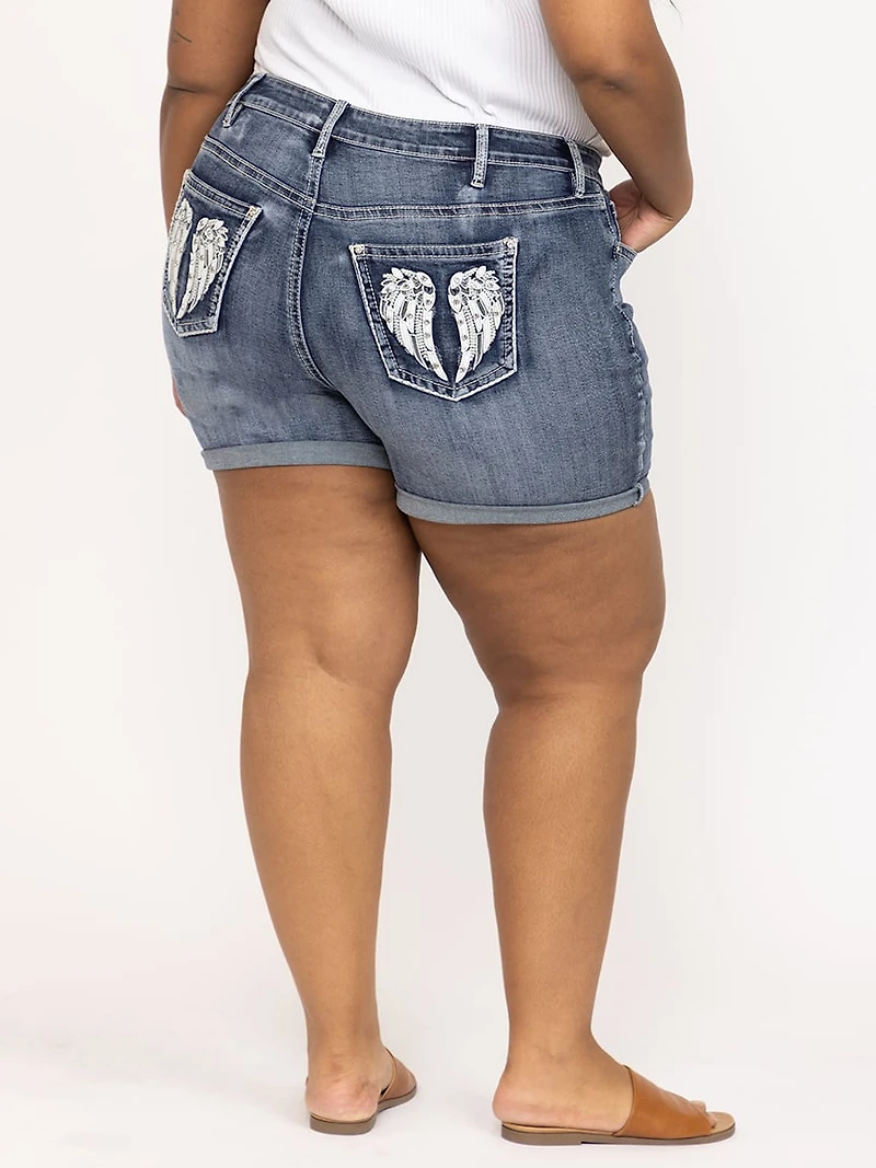 Women's Plus Medium Dark Wash Mid Rise Wing Embellished Cuffed Shortie