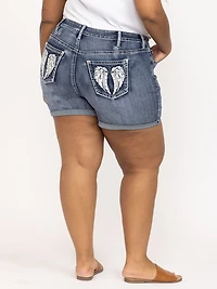 Women's Plus Medium Dark Wash Mid Rise Wing Embellished Cuffed Shortie