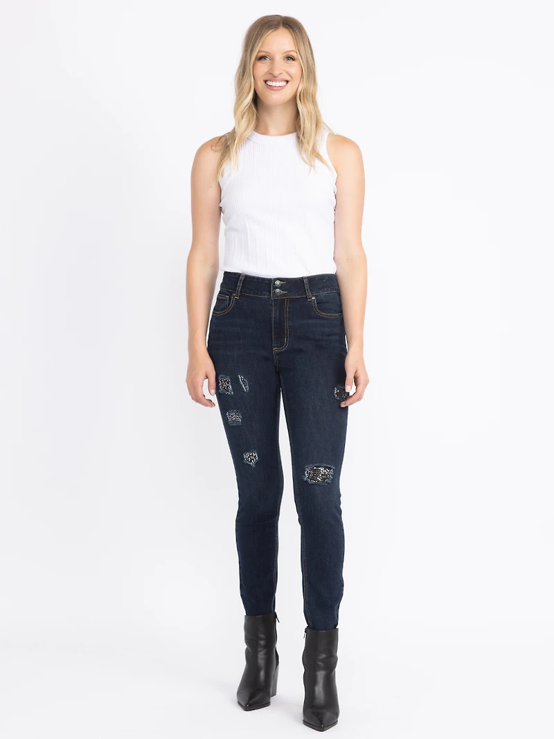 Women's Dark Wash 2 Button Sequins Patch Skinny Jeans