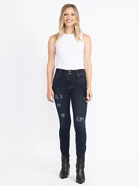 Women's Dark Wash 2 Button Sequins Patch Skinny Jeans