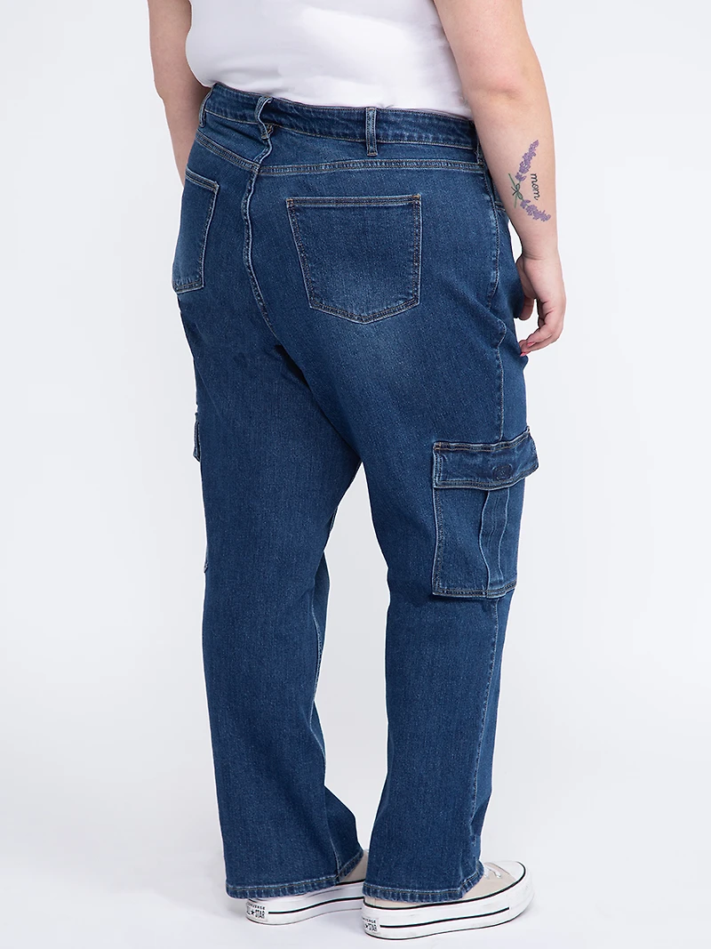 Women's Plus Dark Wash High Rise Drapey Wide Leg Cargo Jeans
