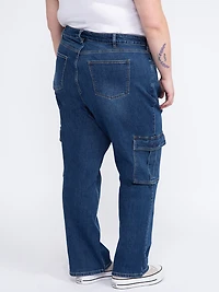 Women's Plus Dark Wash High Rise Drapey Wide Leg Cargo Jeans