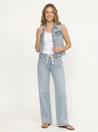 Women's Dark Wash Cropped Denim Vest with Collar