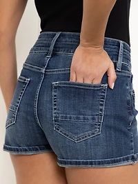 Women's 2 Button Dark Wash Mid Rise Shortie