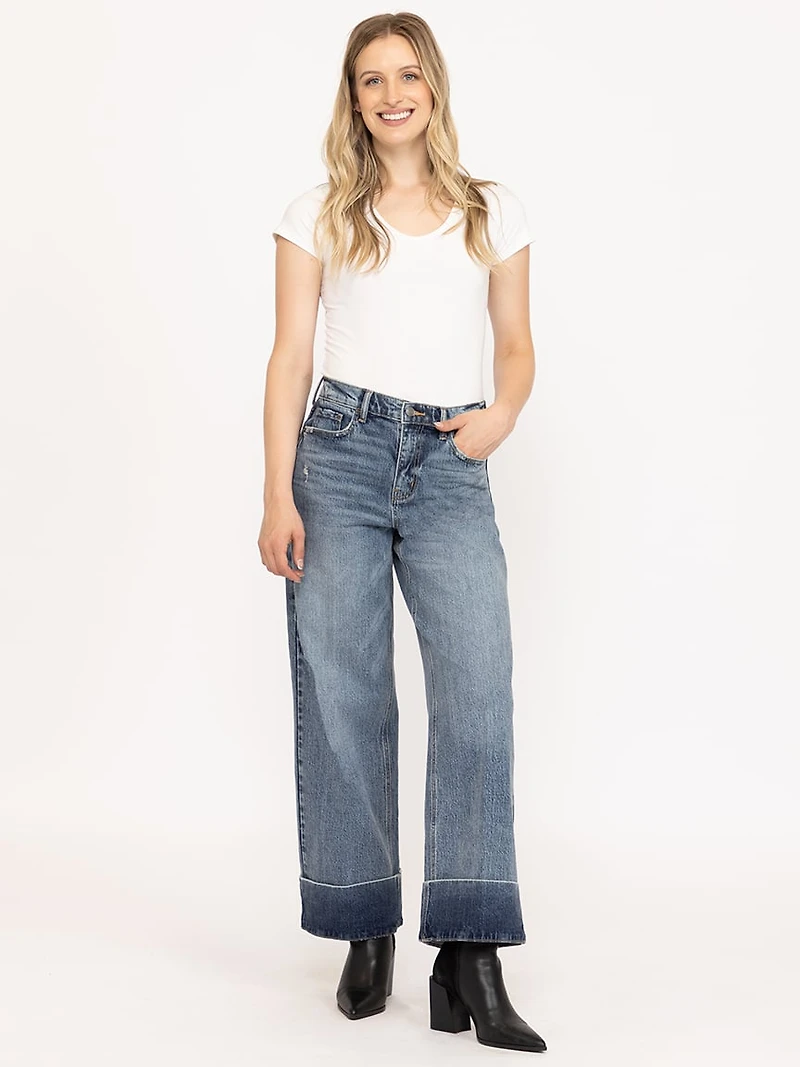 Women's Medium Wash Self High Hem Rise Wide Leg Jeans