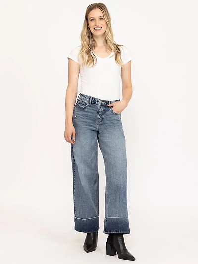 Women's Medium Wash Self High Hem Rise Wide Leg Jeans