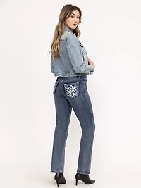 Women's Medium Dark Wash Cross Embellished Straight Leg Jeans