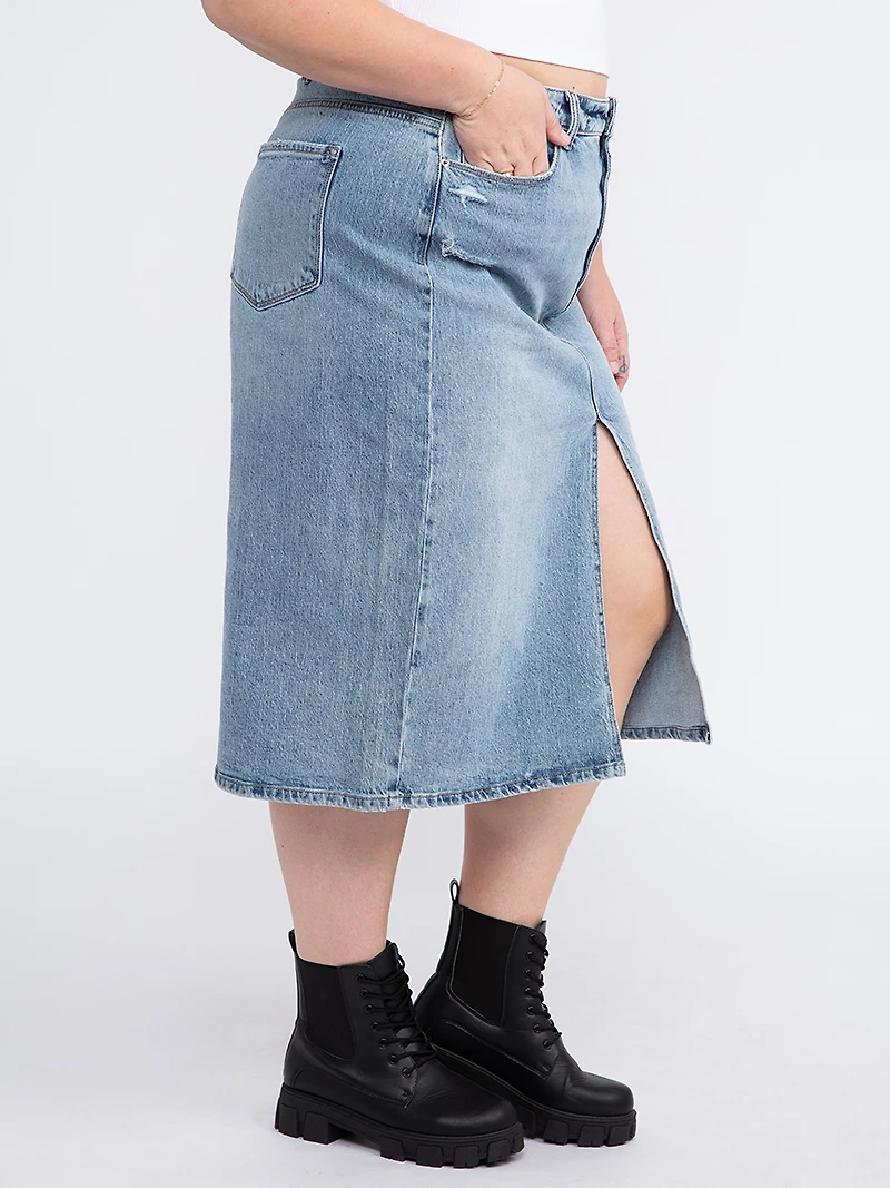 Women's Plus High Rise Midi Skirt with Front Slit