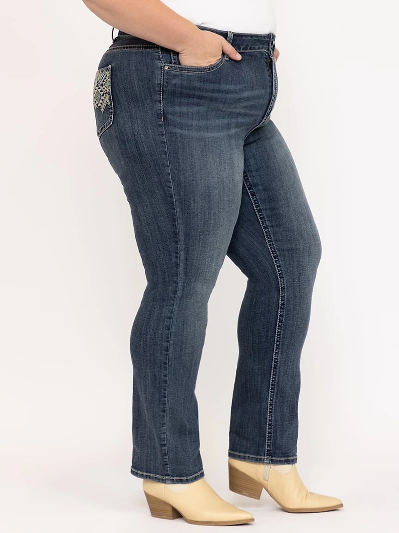 Women's Plus Medium Dark Wash Geo Embroidered Straight Jeans