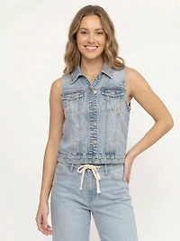 Women's Dark Wash Cropped Denim Vest with Collar
