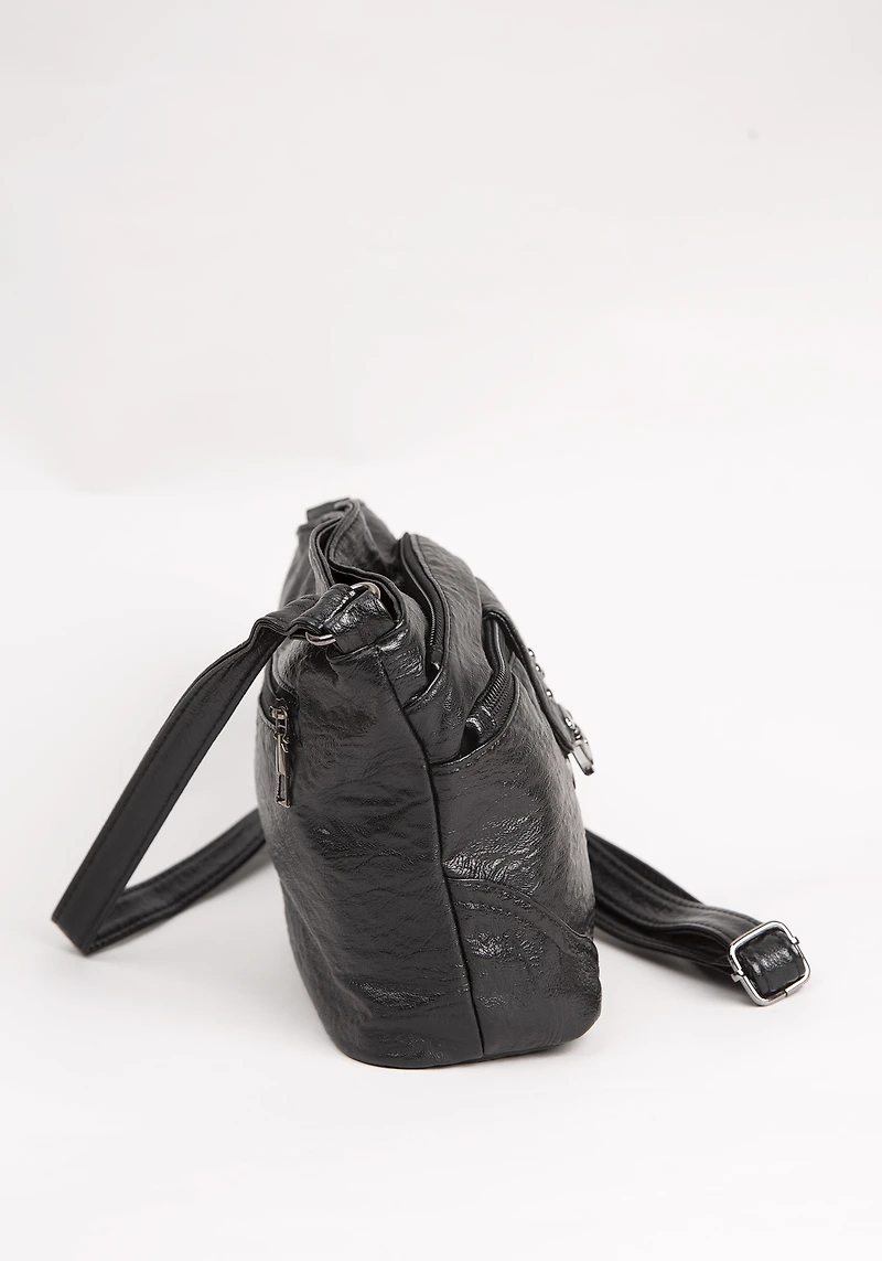 Washed PU Crossbody w Front Buckle