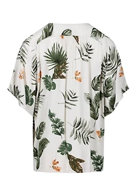 Women's Palm Print Button Front Tie Hem Top