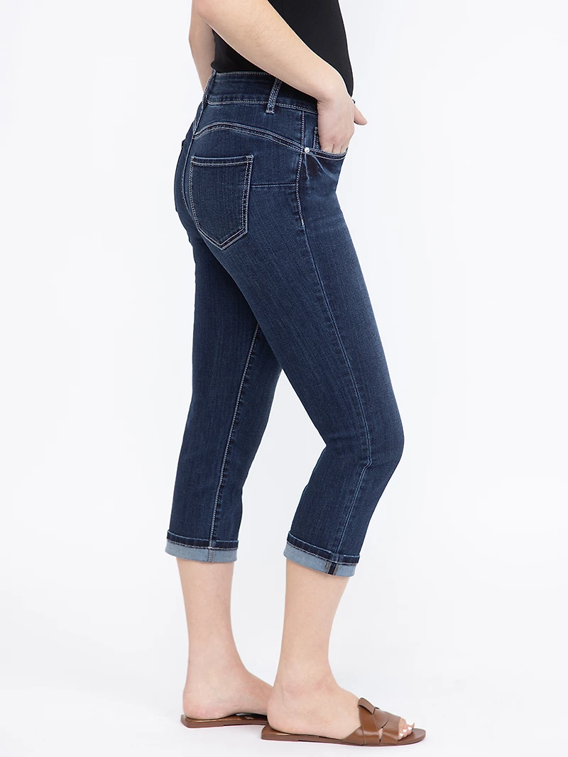 Women's 2 Button Dark Washed Jean Capri