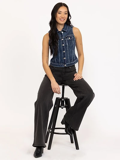 Women's Dark Wash Cropped Denim Vest With Collar