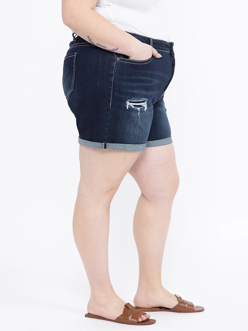 Women's Plus Rip & Repair Cuffed Midi Dark Wash