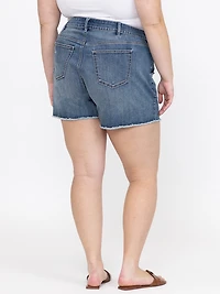 Women's Plus Medium Wash Frayed Hem Shortie with Crochet Lace Insert
