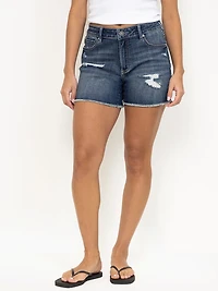 Women's Medium Dark Wash Frayed Hem Shortie with Eyelet Insert
