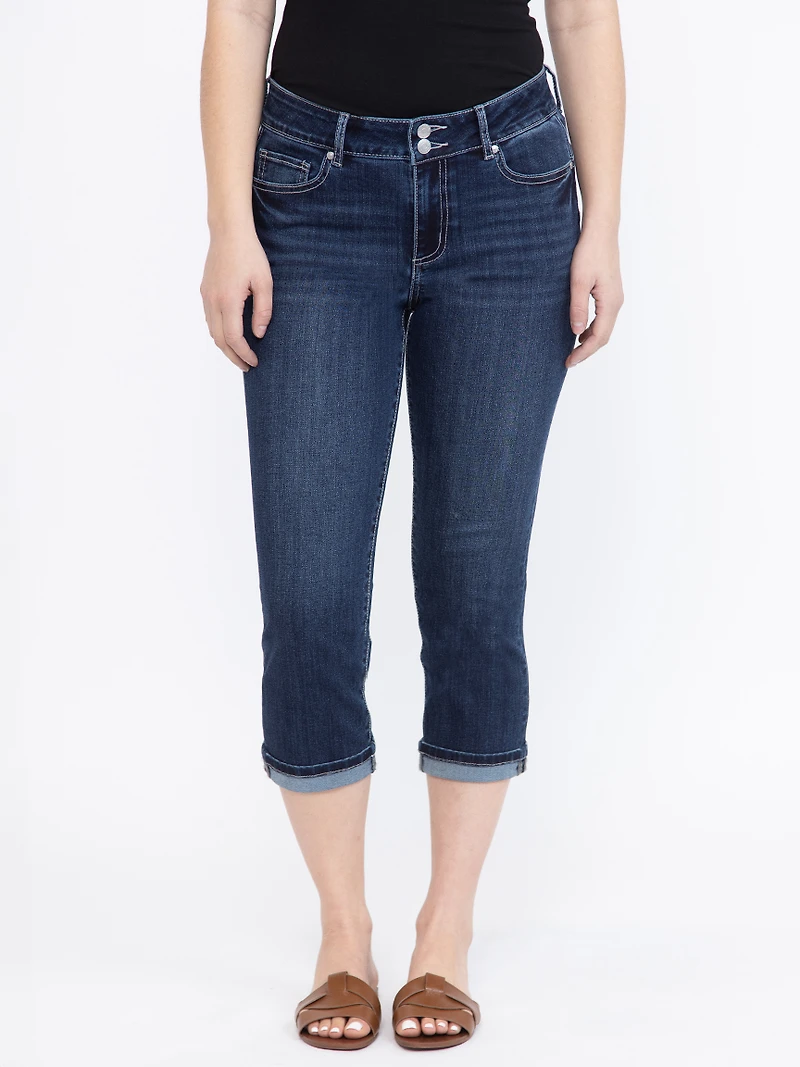 Women's 2 Button Dark Washed Jean Capri