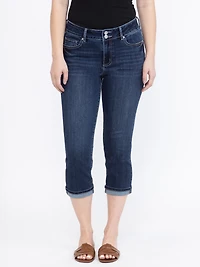 Women's 2 Button Dark Washed Jean Capri