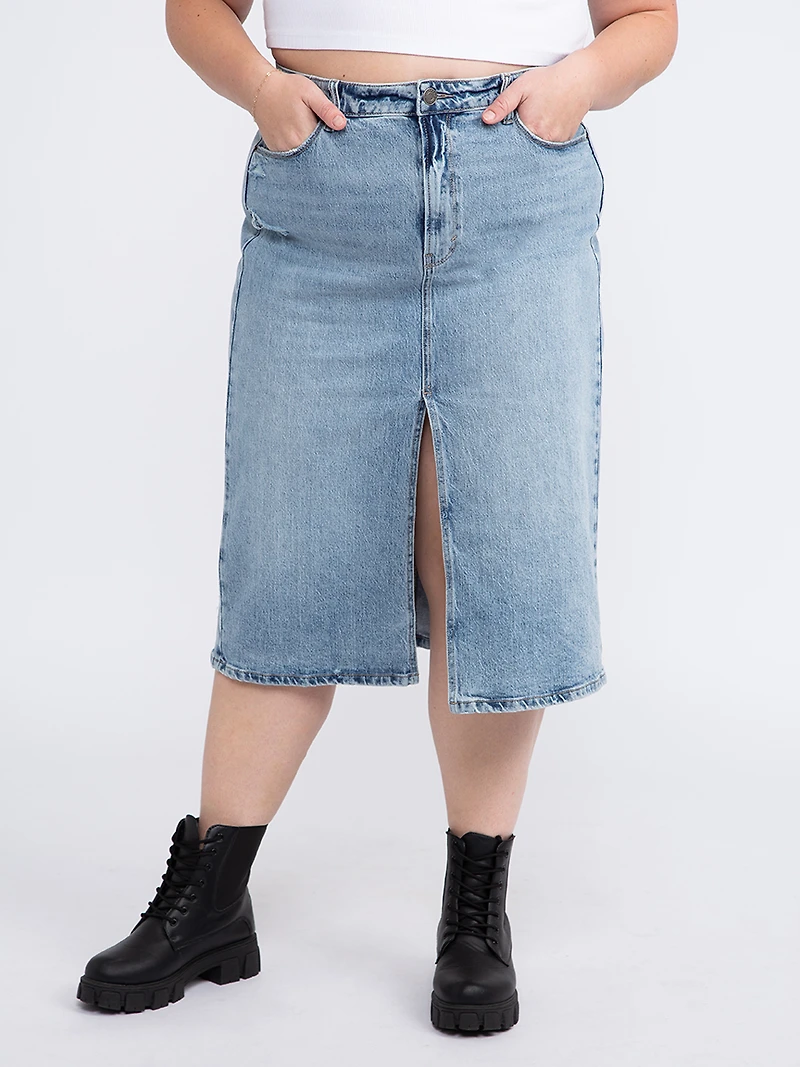 Women's Plus High Rise Midi Skirt with Front Slit