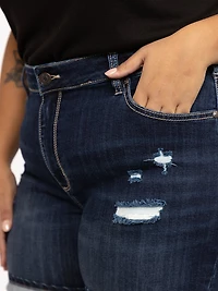 Women's Plus Dark Wash Distress Cuffed Midi Short