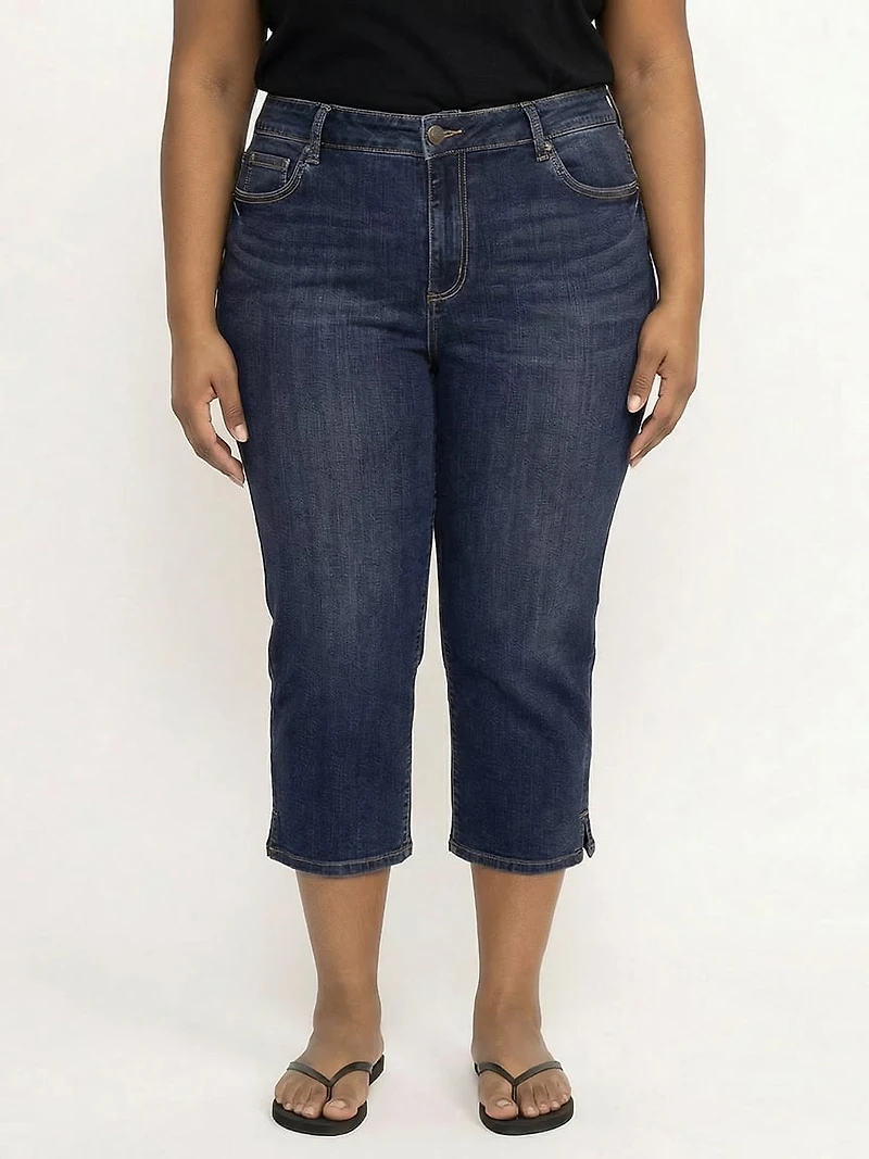 Women's Plus Side Slit Hem Dark Wash Jean Capri