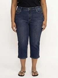 Women's Plus Side Slit Hem Dark Wash Jean Capri
