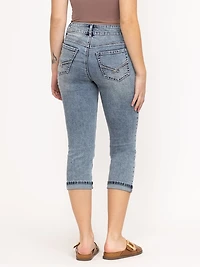 Women's 2 Button Medium Wash Mid Rise Cuffed Jean Capri