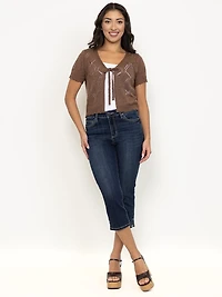 Women's Side Slit Hem Dark Wash Jean Capri