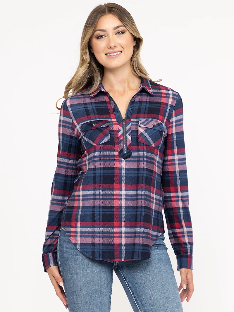 Women's Half Zip Plaid Shirt