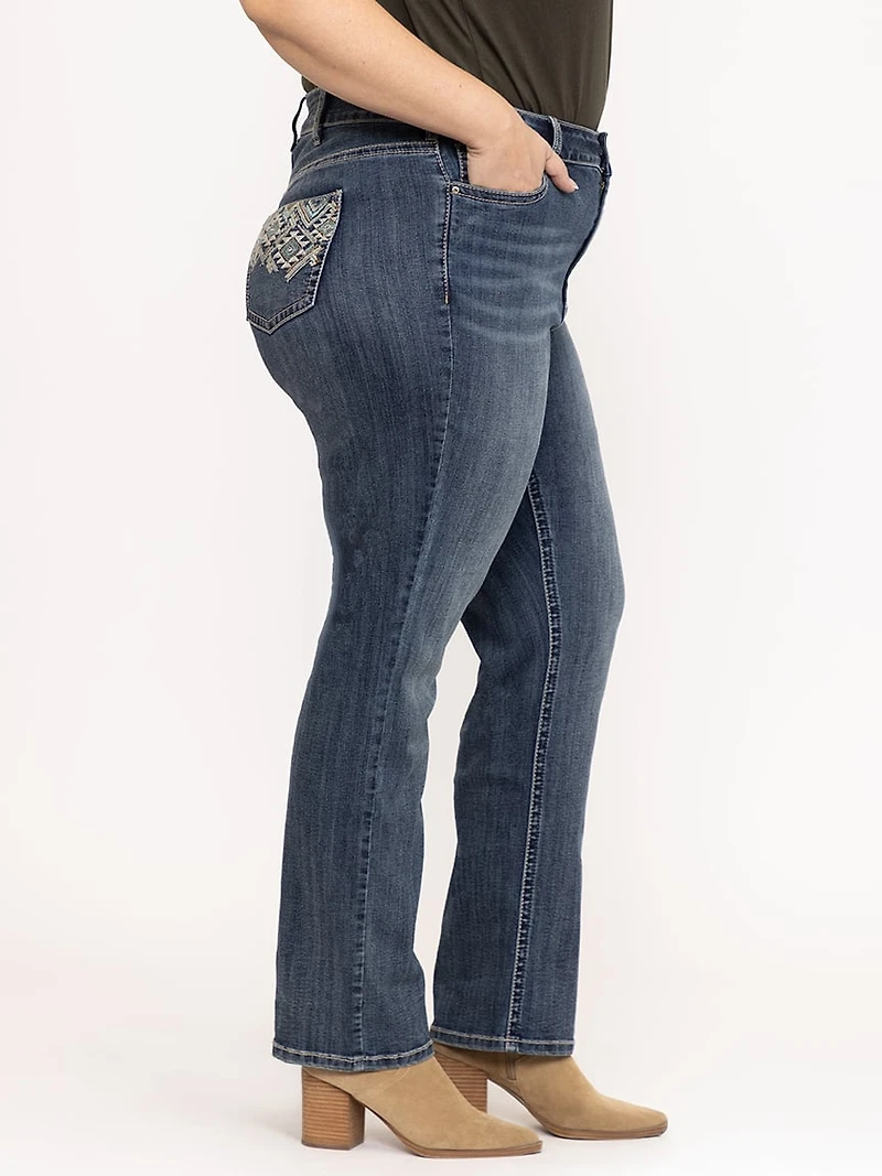 Women's Plus Medium Dark Wash Geo Embroidered Straight Jeans