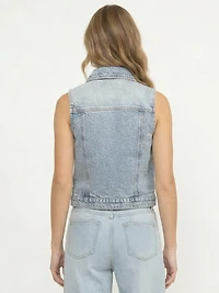 Women's Dark Wash Cropped Denim Vest with Collar
