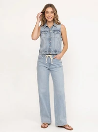 Women's Dark Wash Cropped Denim Vest with Collar