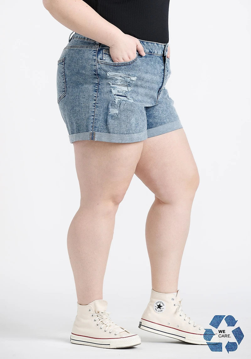 Women's Plus High Rise Marble Wash Rip & Repair Shortie