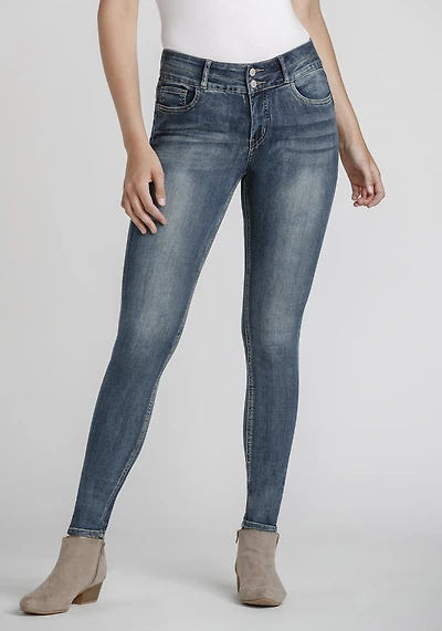 Women's Stacked Button Mid Wash Skinny Jeans