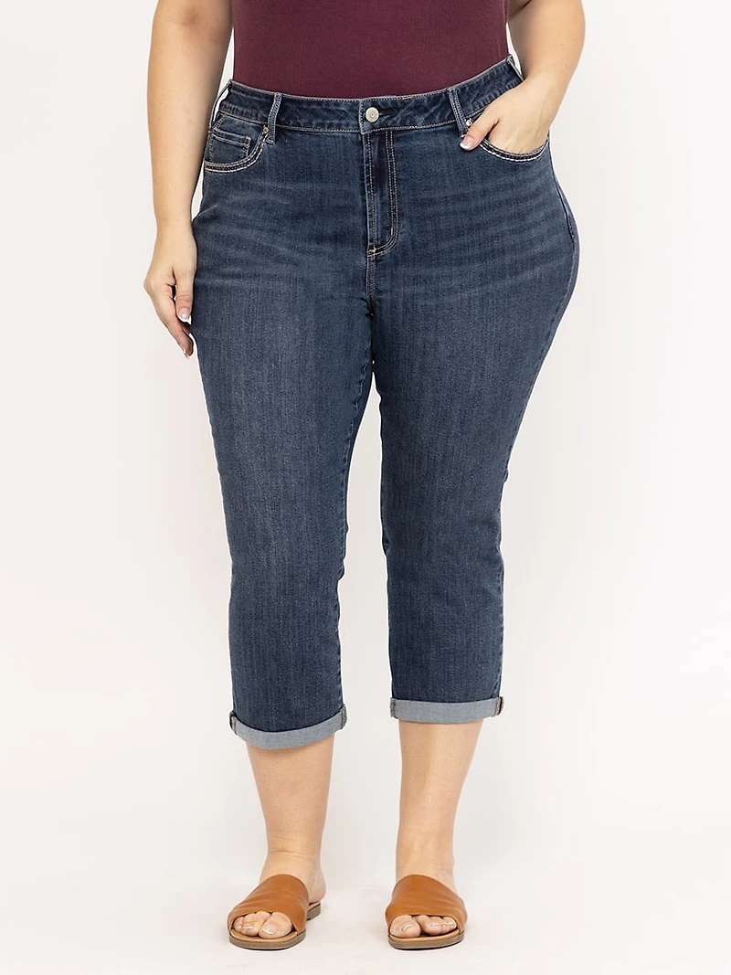 Women's Plus Contrast Multi Thread Medium Dark Wash Jean Capri