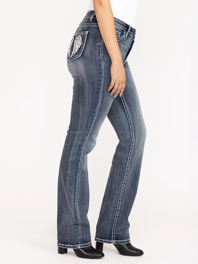 Women's Medium Dark Wash Wing Embellished Baby Boot Jeans