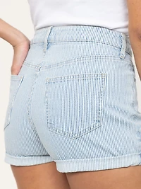 Women's High Rise Light Wash Stripe Denim Cuffed Shortie