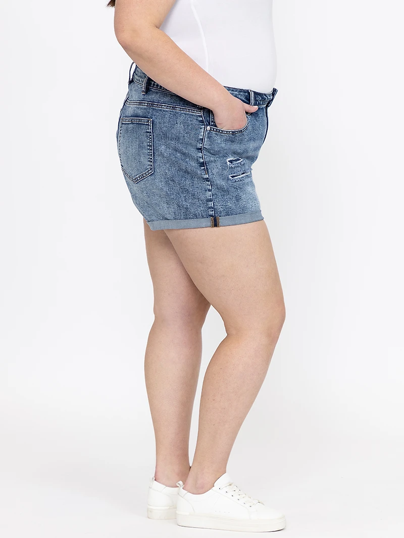 Women's Plus High Rise Rip & Repair Medium Wash Cuffed Shortie