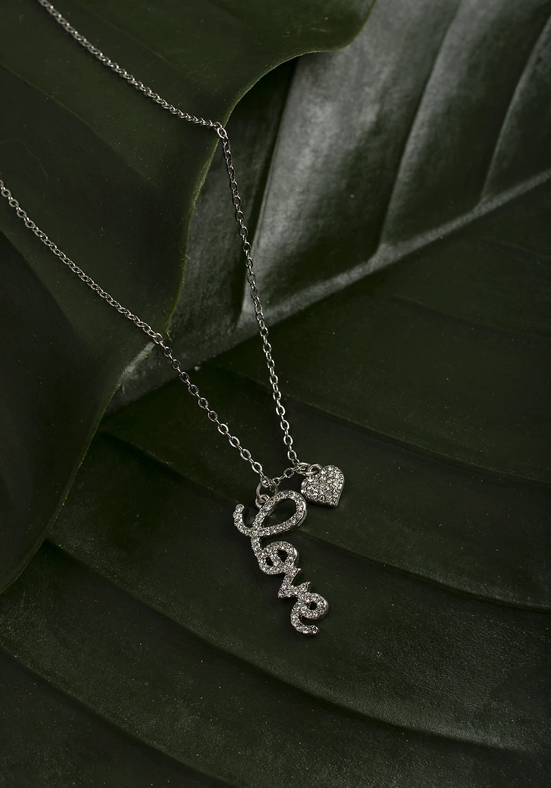 Pave Heart Love Silver Necklace