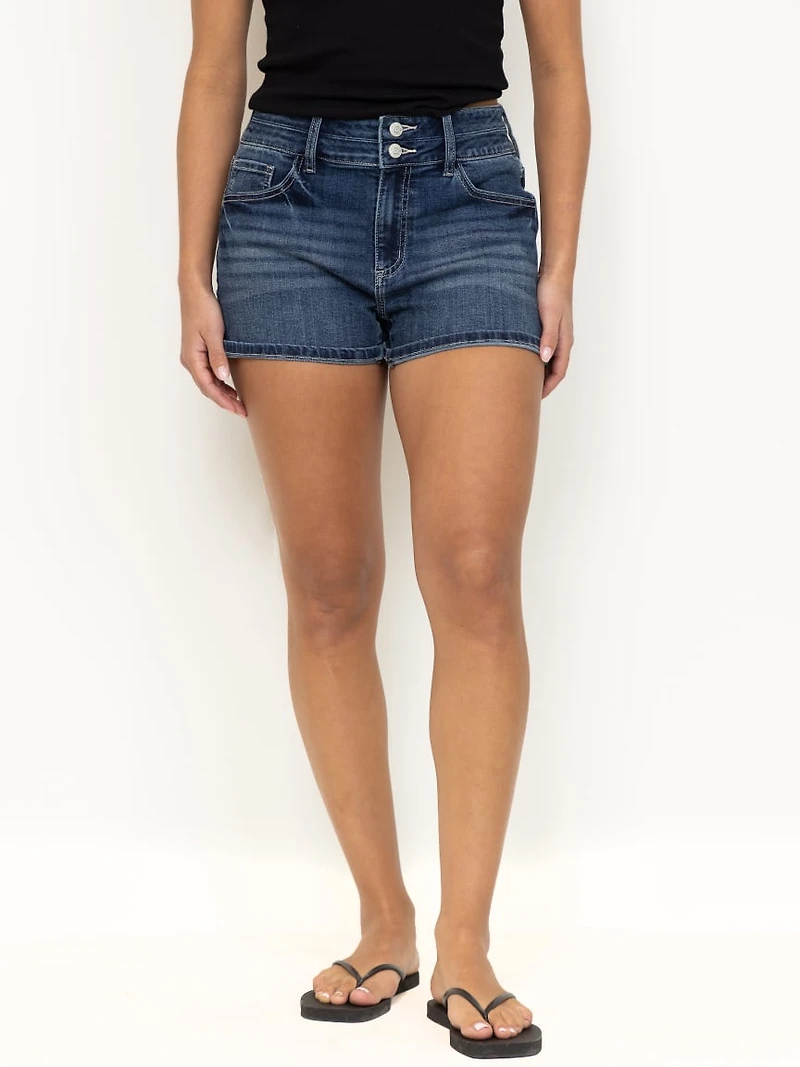 Women's 2 Button Dark Wash Mid Rise Shortie