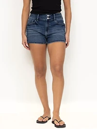 Women's 2 Button Dark Wash Mid Rise Shortie