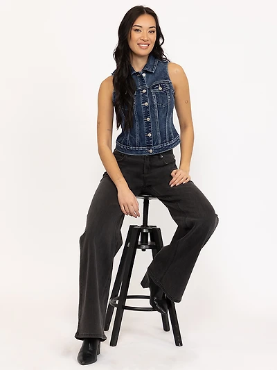 Women's Dark Wash Cropped Denim Vest With Collar